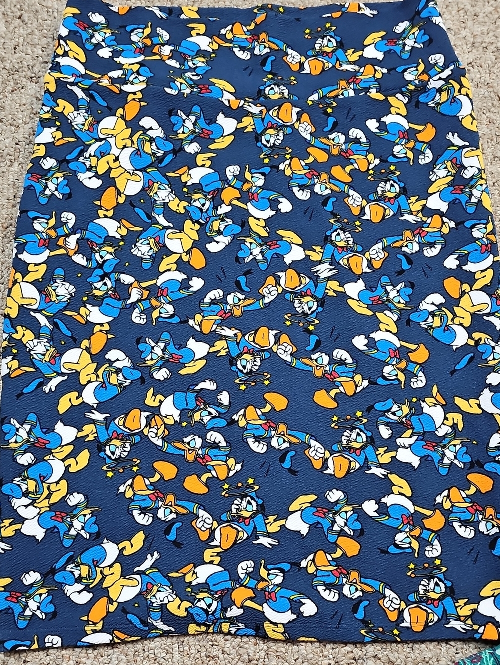 LuLaRoe Cassie Navy Donald Duck Print Skirt with Yellow & White Accents